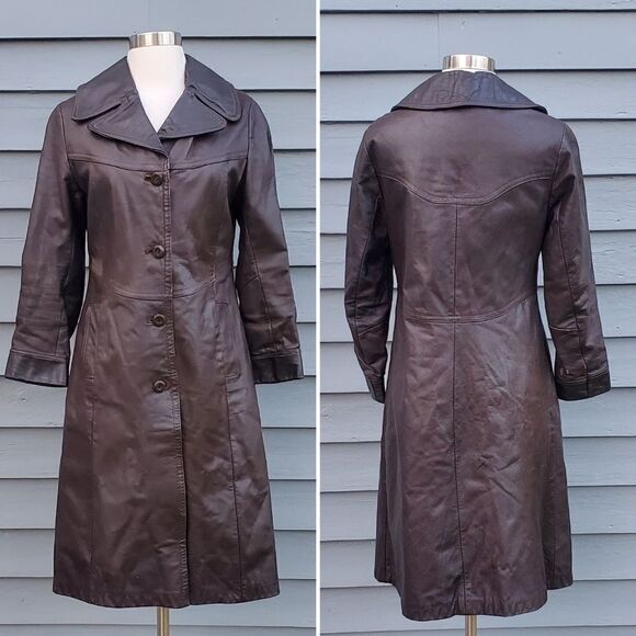 Vintage 70s Western Boho Hippie Mod Dark Brown Leather Belted Trench Coat - Picture 9 of 10
